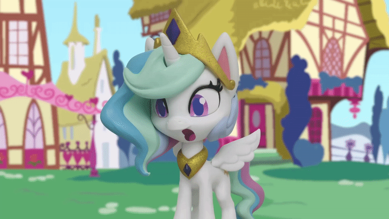 Size: 800x450 | Tagged: safe, screencap, character:princess celestia, species:alicorn, species:pony, g4.5, my little pony: stop motion short, my little pony:pony life, animated, bipedal, crown, cute, cutelestia, female, gasping, gif, hooves together, hooves up, jewelry, mare, ponyville, regalia, shocked, solo, stop motion, the great race (short), travesty, wings