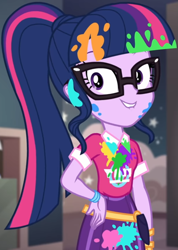 Size: 769x1080 | Tagged: safe, screencap, character:twilight sparkle, character:twilight sparkle (scitwi), species:eqg human, equestria girls:sunset's backstage pass, g4, my little pony:equestria girls, bangs, clothing, collar, cropped, cute, female, glasses, hand on hip, indoors, lip bite, messy, music festival outfit, paint, ponytail, public restroom, shirt, short sleeves, skirt, smiling, talking, twiabetes