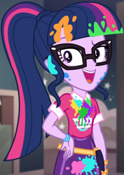 Size: 765x1080 | Tagged: safe, screencap, character:twilight sparkle, character:twilight sparkle (scitwi), species:eqg human, equestria girls:sunset's backstage pass, g4, my little pony:equestria girls, bangs, clothing, collar, cropped, cute, female, glasses, hand on hip, indoors, messy, music festival outfit, paint, ponytail, public restroom, raised eyebrow, shirt, short sleeves, skirt, smiling, talking, twiabetes