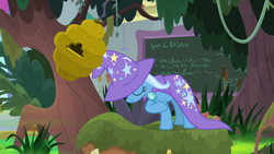 Size: 1920x1080 | Tagged: safe, screencap, character:trixie, species:pony, species:unicorn, beehive, bowing, cape, clothing, female, hat, mare, solo, tree, trixie's cape, trixie's hat