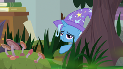 Size: 1920x1080 | Tagged: safe, screencap, character:trixie, species:pony, species:unicorn, episode:a horse shoe-in, g4, my little pony: friendship is magic, cape, clothing, female, hat, mare, mushroom, solo, trixie's cape, trixie's hat