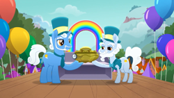 Size: 1920x1080 | Tagged: safe, screencap, species:pony, species:unicorn, friendship is magic: rainbow roadtrip, g4, my little pony: friendship is magic, balloon, duo, duo male, father and child, father and son, male, rainbow generator, stallion, sunny days, sunny skywatch, sunny smiles, the end of the rainbow