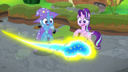 Size: 1920x1080 | Tagged: safe, screencap, character:starlight glimmer, character:trixie, species:pony, species:unicorn, episode:a horse shoe-in, g4, my little pony: friendship is magic, bee, bipedal, burnt mane, cape, clothing, female, flash bee, hat, mare, scorched, swarm, trixie's cape, trixie's hat