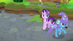 Size: 1920x1080 | Tagged: safe, screencap, character:starlight glimmer, character:trixie, species:pony, species:unicorn, episode:a horse shoe-in, g4, my little pony: friendship is magic, burnt mane, cape, clothing, duo, female, galloping, hat, mare, scorched, trixie's cape, trixie's hat