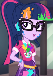 Size: 755x1080 | Tagged: safe, screencap, character:twilight sparkle, character:twilight sparkle (scitwi), species:eqg human, equestria girls:sunset's backstage pass, g4, my little pony:equestria girls, bangs, clothing, collar, cropped, cute, female, glasses, hand on hip, indoors, lidded eyes, messy, music festival outfit, paint, ponytail, public restroom, raised eyebrow, shirt, short sleeves, skirt, smiling, talking, twiabetes, wristband