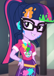 Size: 767x1080 | Tagged: safe, screencap, character:twilight sparkle, character:twilight sparkle (scitwi), species:eqg human, equestria girls:sunset's backstage pass, g4, my little pony:equestria girls, bangs, clothing, collar, cropped, cute, female, glasses, hand on hip, lidded eyes, messy, music festival outfit, paint, ponytail, raised eyebrow, shirt, short sleeves, skirt, smiling, talking, twiabetes