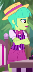 Size: 490x1076 | Tagged: safe, screencap, equestria girls:sunset's backstage pass, g4, my little pony:equestria girls, arms folded, background human, belle barker, bow tie, carny, clothing, cropped, female, hat, outdoors, shorts, straw hat, vendor, vest