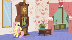 Size: 1920x1080 | Tagged: safe, screencap, character:fluttershy, species:pegasus, species:pony, episode:discordant harmony, g4, my little pony: friendship is magic, bipedal, bipedal leaning, clock, discord's house, female, grandfather clock, leaning, mare, mirror, solo