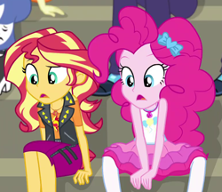 Size: 766x663 | Tagged: safe, screencap, character:pinkie pie, character:sunset shimmer, episode:sock it to me, g4, my little pony:equestria girls, cropped