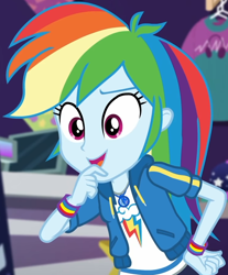 Size: 752x907 | Tagged: safe, screencap, character:rainbow dash, equestria girls:holidays unwrapped, g4, my little pony:equestria girls, canterlot mall, clothing, cloud, cropped, cute, dashabetes, dashing through the mall, female, geode of super speed, hand on hip, hoodie, jacket, jewelry, looking down, magical geodes, merchandise, multicolored hair, necklace, pants, pockets, rainbow, rainbow hair, shirt, short sleeves, smiling, store, t-shirt, talking, thunderbolt, wristband