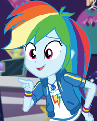 Size: 741x918 | Tagged: safe, screencap, character:rainbow dash, equestria girls:holidays unwrapped, g4, my little pony:equestria girls, canterlot mall, clothing, cloud, cropped, cute, dashabetes, dashing through the mall, female, geode of super speed, hand on hip, hoodie, jacket, jewelry, looking down, magical geodes, merchandise, multicolored hair, necklace, pants, pockets, pointing, rainbow, rainbow hair, shirt, short sleeves, smiling, store, t-shirt, talking, thunderbolt, wristband