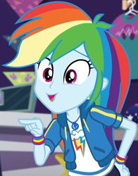 Size: 724x925 | Tagged: safe, screencap, character:rainbow dash, equestria girls:holidays unwrapped, g4, my little pony:equestria girls, canterlot mall, clothing, cloud, cropped, cute, dashabetes, dashing through the mall, female, geode of super speed, hand on hip, hoodie, jewelry, looking down, magical geodes, merchandise, multicolored hair, necklace, pants, pockets, pointing, rainbow, rainbow hair, shirt, short sleeves, smiling, store, t-shirt, talking, thunderbolt, wristband