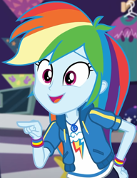 Size: 719x936 | Tagged: safe, screencap, character:rainbow dash, equestria girls:holidays unwrapped, g4, my little pony:equestria girls, canterlot mall, clothing, cloud, cropped, cute, dashabetes, dashing through the mall, female, geode of super speed, hand on hip, hoodie, jacket, jewelry, magical geodes, merchandise, multicolored hair, necklace, pants, pockets, pointing, rainbow, rainbow hair, shirt, short sleeves, smiling, store, t-shirt, talking, thunderbolt, wristband