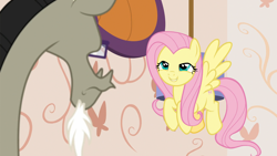 Size: 1920x1080 | Tagged: safe, screencap, character:discord, character:fluttershy, species:draconequus, species:pegasus, species:pony, episode:discordant harmony, g4, my little pony: friendship is magic, female, flying, lidded eyes, mare, smiling, smirk, smug