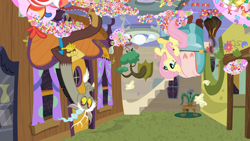 Size: 1920x1080 | Tagged: safe, screencap, character:discord, character:fluttershy, species:draconequus, species:pegasus, species:pony, episode:discordant harmony, g4, my little pony: friendship is magic, candy, discord's house, female, food, male, mare, tentacle plant, upside down