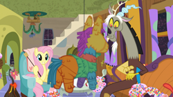 Size: 1920x1080 | Tagged: safe, screencap, character:discord, character:fluttershy, species:draconequus, species:pegasus, species:pony, episode:discordant harmony, g4, my little pony: friendship is magic, candy, cute, discute, female, food, male, mare, marshmallow, piñata, shyabetes, tentacle plant