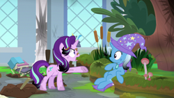 Size: 1920x1080 | Tagged: safe, screencap, character:starlight glimmer, character:trixie, species:pony, species:unicorn, episode:a horse shoe-in, g4, my little pony: friendship is magic, angry, burnt mane, cape, cattails, clothing, dirty, duo, female, hat, mare, mess, mushroom, raised hoof, scorched, trixie's cape, trixie's hat