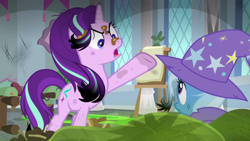 Size: 1920x1080 | Tagged: safe, screencap, character:starlight glimmer, character:trixie, species:pony, species:unicorn, episode:a horse shoe-in, g4, my little pony: friendship is magic, angry, burnt mane, clothing, dirty, female, hat, mare, raised hoof, scorched, trixie's hat