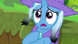 Size: 1920x1080 | Tagged: safe, screencap, character:trixie, species:pony, species:unicorn, episode:a horse shoe-in, g4, my little pony: friendship is magic, burnt mane, clothing, female, hat, mare, scorched, solo, trixie's hat