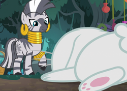 Size: 1214x870 | Tagged: safe, screencap, character:angel bunny, character:fluttershy, character:zecora, species:pony, species:rabbit, species:zebra, episode:she talks to angel, g4, my little pony: friendship is magic, animal, basket, duo, ear piercing, earring, female, fluttershy in angel's body, jewelry, male, mare, neck rings, paws, piercing, raised hoof, underpaw