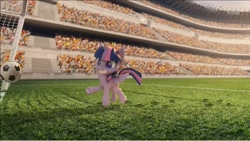 Size: 1232x695 | Tagged: safe, screencap, character:twilight sparkle, character:twilight sparkle (alicorn), species:alicorn, species:pony, g4.5, my little pony: stop motion short, my little pony:pony life, book filled adventure, football, kick, soccer field, sports, stop motion