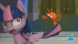 Size: 1232x694 | Tagged: safe, screencap, character:twilight sparkle, character:twilight sparkle (alicorn), species:alicorn, species:crab, species:pony, g4.5, my little pony: stop motion short, my little pony:pony life, book filled adventure, hasbro, logo, solo, stop motion
