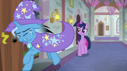 Size: 1920x1080 | Tagged: safe, screencap, character:trixie, character:twilight sparkle, character:twilight sparkle (alicorn), species:alicorn, species:pony, species:unicorn, episode:a horse shoe-in, g4, my little pony: friendship is magic, burnt mane, cape, clothing, crying, duo, eyes closed, female, hallway, hat, mare, running, school of friendship, scorched, trixie's cape, trixie's hat