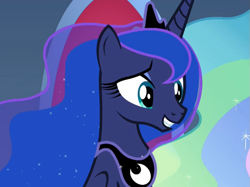 Size: 739x553 | Tagged: safe, screencap, character:princess luna, species:alicorn, species:pony, episode:memories and more, canterlot, cropped, cute, female, mare, offscreen character, smiling, solo focus, throne, throne room