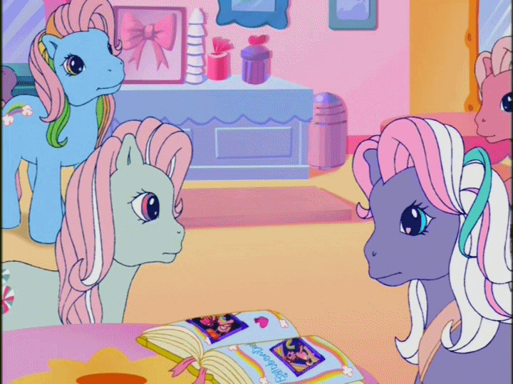 Size: 720x540 | Tagged: safe, screencap, character:minty, character:pinkie pie (g3), character:rainbow dash (g3), character:razzaroo, species:earth pony, species:pony, episode:a charming birthday, g3, animated, blinking, cotton candy cafe, cute, female, g3 dashabetes, gif, looking at someone, looking at something, mare, mintabetes, photo album, razzabetes, smiling, walking