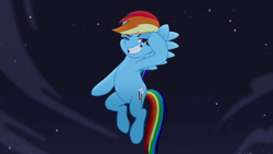 Size: 1920x1080 | Tagged: safe, screencap, character:rainbow dash, species:pegasus, species:pony, friendship is magic: rainbow roadtrip, g4, my little pony: friendship is magic, female, flying, mare, night, night sky, one eye closed, pose, raised hoof, salute, sky, smiling, solo, spread wings, teeth, wings