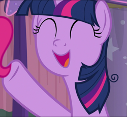 Size: 785x722 | Tagged: safe, screencap, character:twilight sparkle, character:twilight sparkle (alicorn), species:alicorn, species:pony, episode:a trivial pursuit, g4, my little pony: friendship is magic, cropped, cute, eyes closed, messy mane, offscreen character, open mouth, smiling, solo, twiabetes