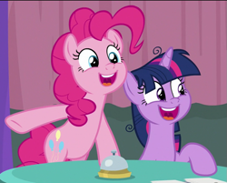 Size: 809x650 | Tagged: safe, screencap, character:pinkie pie, character:twilight sparkle, character:twilight sparkle (alicorn), species:alicorn, species:pony, episode:a trivial pursuit, g4, my little pony: friendship is magic, cropped, cute, diapinkes, open mouth, smiling, twiabetes