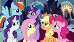 Size: 1206x678 | Tagged: safe, screencap, character:applejack, character:fluttershy, character:king sombra, character:pinkie pie, character:rainbow dash, character:rarity, character:twilight sparkle, character:twilight sparkle (alicorn), species:alicorn, species:pony, episode:the beginning of the end, g4, my little pony: friendship is magic, crying, cute, flying, happy, looking at each other, mane six, tears of joy