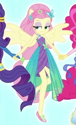 Size: 314x516 | Tagged: safe, screencap, character:fluttershy, character:pinkie pie, character:rarity, equestria girls:rollercoaster of friendship, g4, my little pony:equestria girls, cropped, ponied up, sleeveless, solo focus, super ponied up