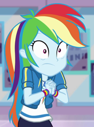 Size: 684x929 | Tagged: safe, screencap, character:rainbow dash, equestria girls:holidays unwrapped, g4, my little pony:equestria girls, cropped, dashing through the mall, shrunken pupils, solo