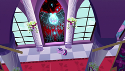 Size: 1280x720 | Tagged: safe, screencap, character:king sombra, character:twilight sparkle, bad end, crying, crystal heart, curled up, fear, floppy ears, illusion, prone, sad, stained glass