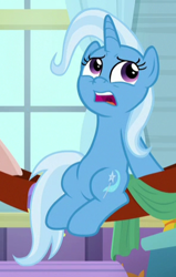 Size: 294x462 | Tagged: safe, screencap, character:trixie, episode:a horse shoe-in, g4, my little pony: friendship is magic, cropped, sitting up, solo