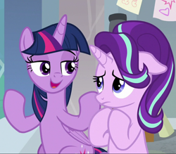 Size: 822x720 | Tagged: safe, screencap, character:starlight glimmer, character:twilight sparkle, character:twilight sparkle (alicorn), species:alicorn, species:pony, episode:a horse shoe-in, g4, my little pony: friendship is magic, cropped, cute, duo, floppy ears, glimmerbetes, lidded eyes, open mouth, sad