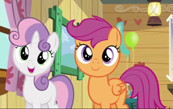 Size: 1026x650 | Tagged: safe, screencap, character:scootaloo, character:sweetie belle, species:pegasus, species:pony, episode:bloom and gloom, g4, my little pony: friendship is magic, clubhouse, cropped, crusaders clubhouse, cute, cutealoo, diasweetes, duo, open mouth, smiling