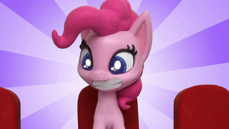Size: 800x450 | Tagged: safe, screencap, character:pinkie pie, species:earth pony, species:pony, g4.5, my little pony: stop motion short, my little pony:pony life, animated, cute, diapinkes, gif, grin, hat in the way, shiny eyes, smiling, solo, stop motion, sunburst background, theater seat