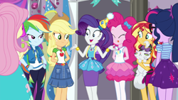 Size: 1920x1080 | Tagged: safe, screencap, character:applejack, character:fluttershy, character:opalescence, character:pinkie pie, character:rainbow dash, character:rarity, character:spike, character:spike (dog), character:sunset shimmer, character:twilight sparkle, character:twilight sparkle (scitwi), species:dog, species:eqg human, episode:fomo, g4, my little pony:equestria girls, exploitable, humane five, humane seven, humane six