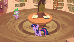 Size: 2000x1125 | Tagged: safe, screencap, character:spike, character:twilight sparkle, character:twilight sparkle (unicorn), species:dragon, species:pony, species:unicorn, episode:it's about time, g4, my little pony: friendship is magic, duo, female, golden oaks library, horsehead centerpiece, male, mare, pacing a trench, trench