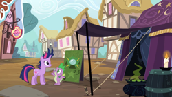 Size: 2000x1125 | Tagged: safe, screencap, character:spike, character:twilight sparkle, character:twilight sparkle (unicorn), species:dragon, species:pony, species:unicorn, episode:it's about time, g4, my little pony: friendship is magic, alternate hairstyle, candle, cauldron, duo, female, mare, ponyville, spread arms, tent
