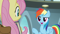 Size: 1920x1080 | Tagged: safe, screencap, character:fluttershy, character:rainbow dash, episode:daring doubt, g4, my little pony: friendship is magic, bag, book, holding, hoof in air, saddle bag