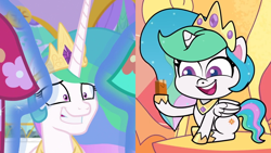 Size: 1280x720 | Tagged: safe, screencap, character:princess celestia, species:alicorn, species:pony, episode:between dark and dawn, episode:princess probz, g4, g4.5, my little pony: friendship is magic, my little pony:pony life, spoiler:pony life s01e01, comparison, cute, faec, grin, nervous, nervous grin, smiling