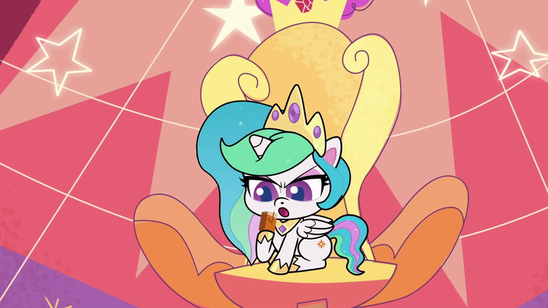 Size: 800x450 | Tagged: safe, screencap, character:princess celestia, species:alicorn, species:pony, episode:princess probz, g4.5, my little pony:pony life, spoiler:pony life s01e01, animated, crown, excited, food, gif, jelly, jewelry, looking at something, regalia, sitting, solo, throne, wings