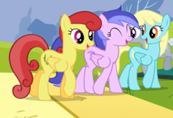 Size: 700x480 | Tagged: safe, screencap, character:sassaflash, character:sea swirl, character:silverspeed, species:pegasus, species:pony, episode:hurricane fluttershy, g4, my little pony: friendship is magic, background pony, cropped, eyes closed, female, golden glory, mare, race swap, sea wind, smiling, trio, walking