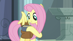 Size: 1920x1080 | Tagged: safe, screencap, character:fluttershy, species:pegasus, species:pony, episode:daring doubt, g4, my little pony: friendship is magic, bag, book, saddle bag, solo, wing hands, wings
