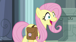 Size: 1920x1080 | Tagged: safe, screencap, character:fluttershy, species:pegasus, species:pony, episode:daring doubt, g4, my little pony: friendship is magic, bag, excited, saddle bag, solo