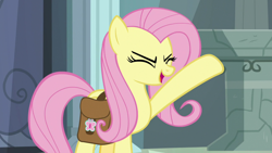 Size: 1920x1080 | Tagged: safe, screencap, character:fluttershy, species:pegasus, species:pony, episode:daring doubt, g4, my little pony: friendship is magic, bag, hoof in air, saddle bag, solo
